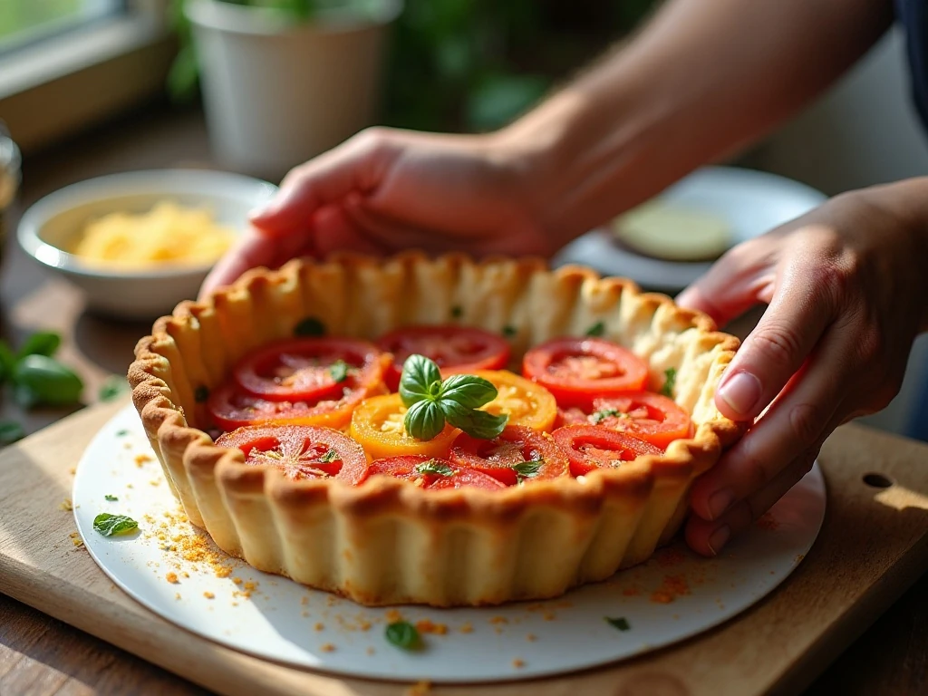 Layering drained tomatoes and basil in a partially baked pie crust