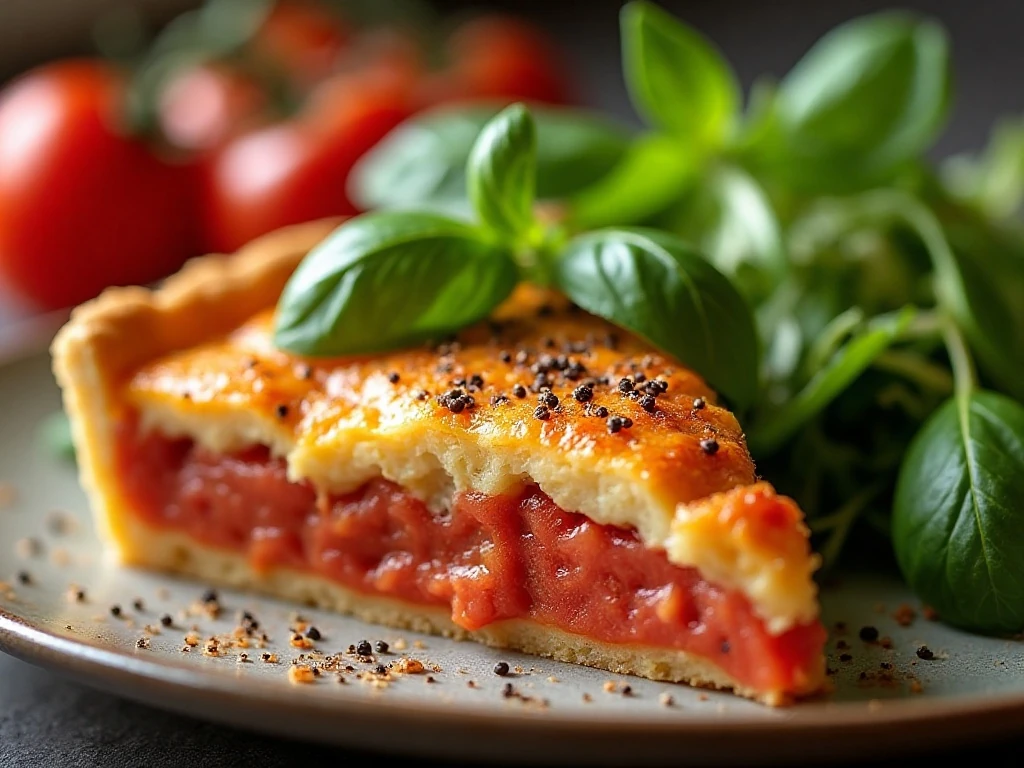 A serving of Southern tomato pie garnished with fresh basil