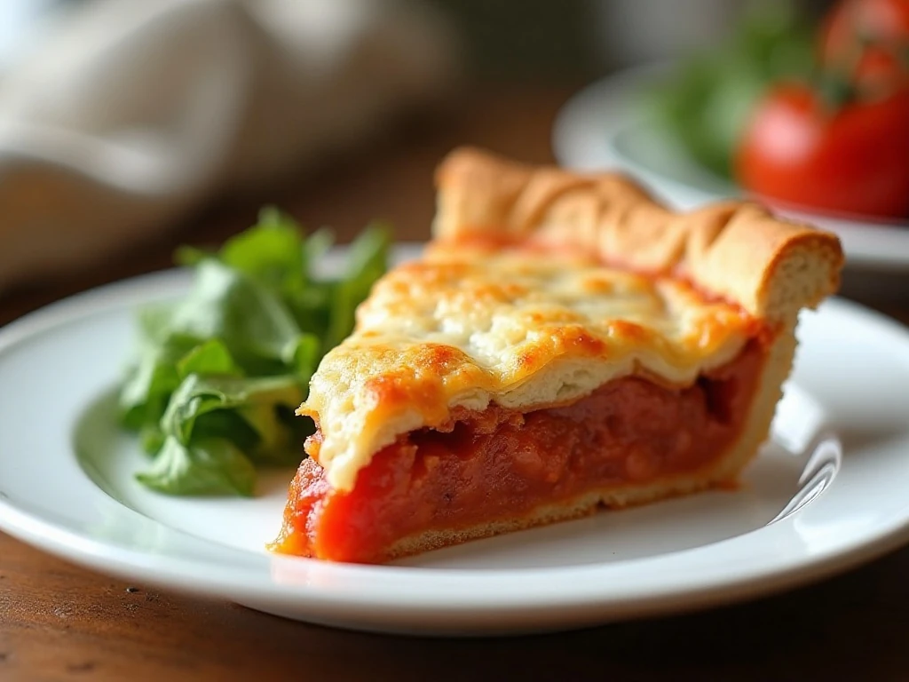 Reheated slice of Southern tomato pie served with salad
