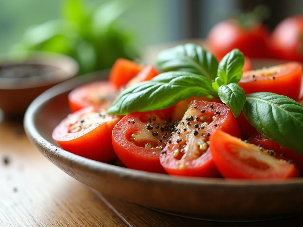 Fresh tomato salad with basil in a serving bowl