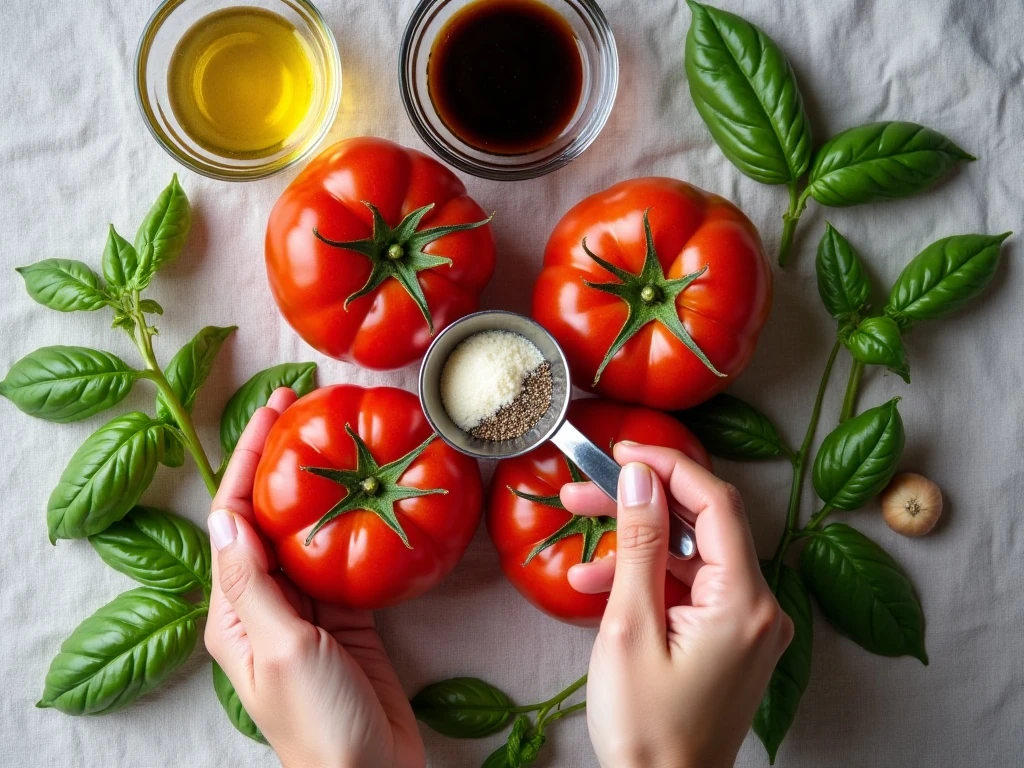 Ingredients for easy tomato salad with fresh basil