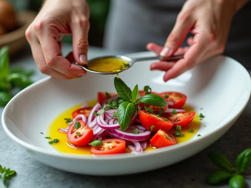 Gently tossing tomatoes and basil with salad dressing