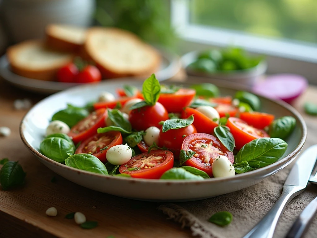 Tomato basil salad served as a fresh side dish