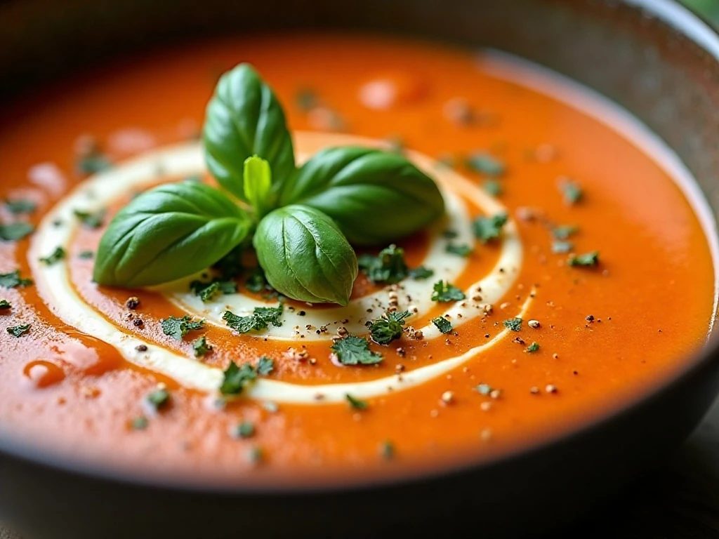 Creamy tomato soup garnished with herbs, cream, and olive oil