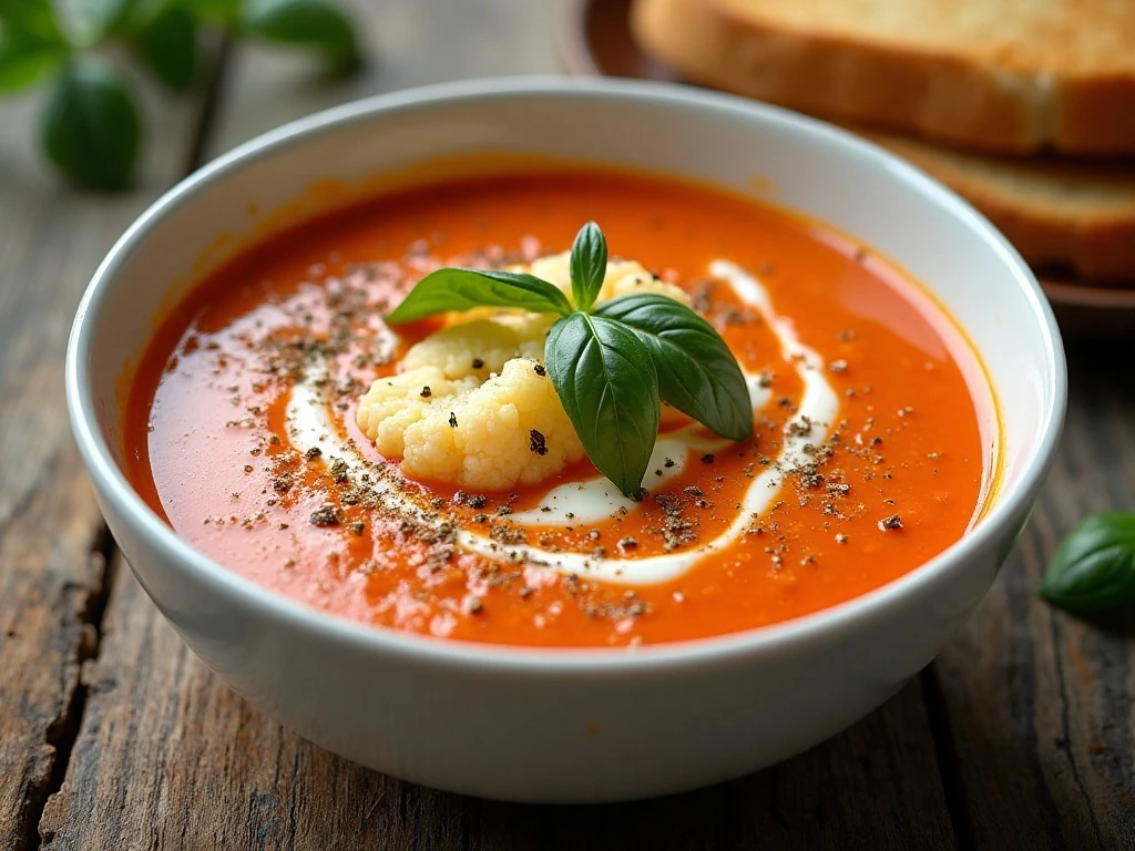 Finished creamy tomato soup with cauliflower served with bread