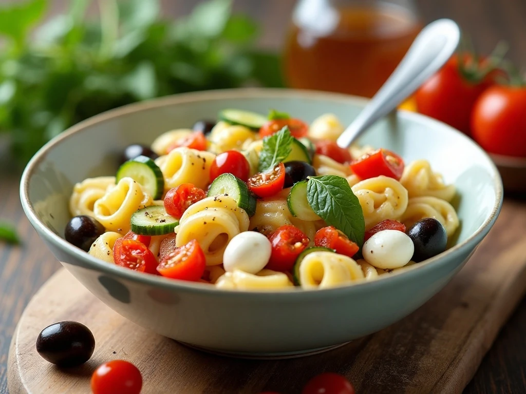 Colorful chilled tortellini salad ready to serve