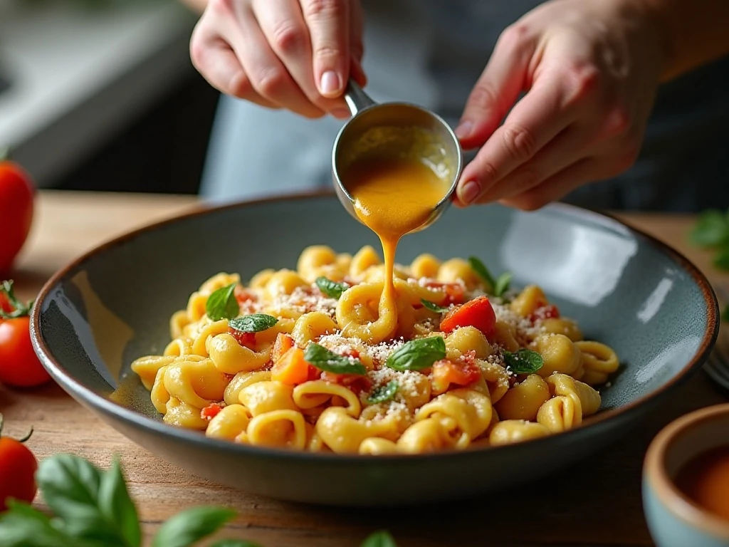 Tossing tortellini with vegetables and Italian dressing