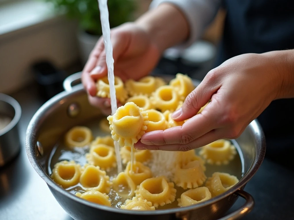 Cooling cooked tortellini under cold water