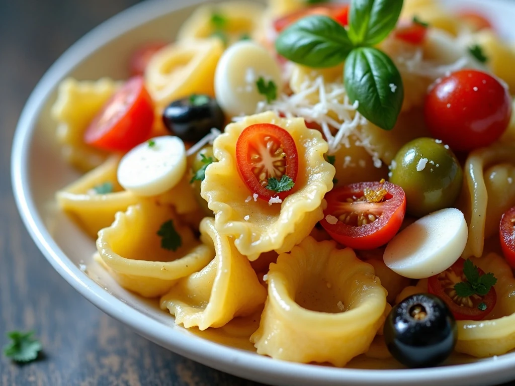 Garnished tortellini salad with mozzarella and vegetables