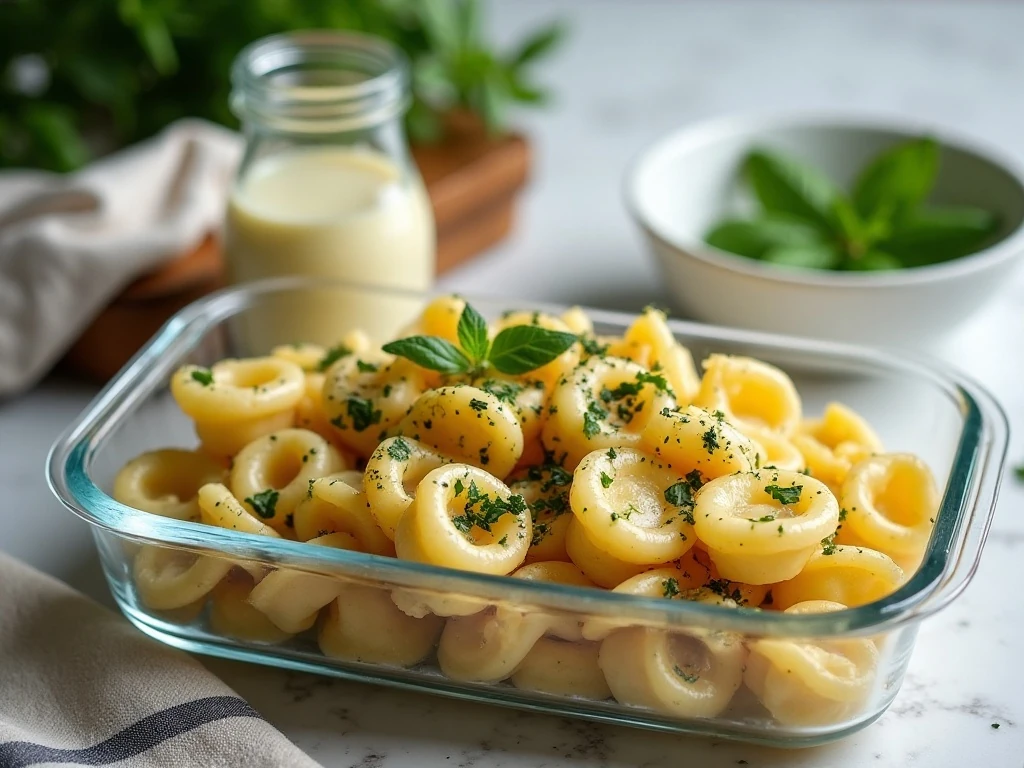 Make-ahead tortellini salad stored for serving