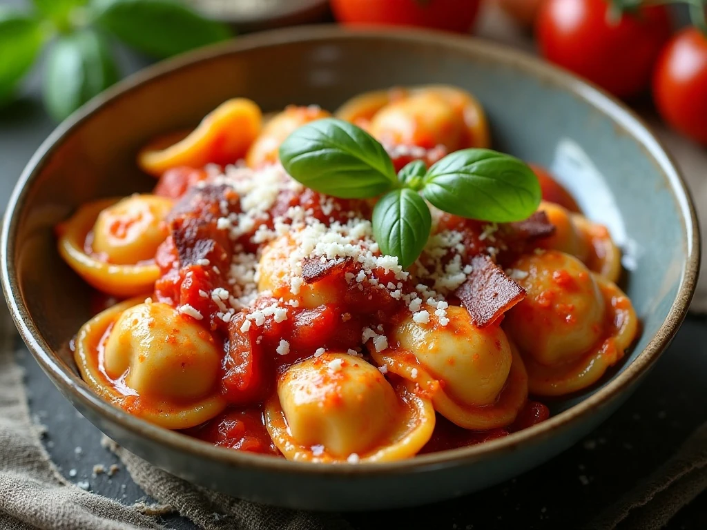 Cheese tortellini with tomatoes, pancetta, Parmesan, and basil