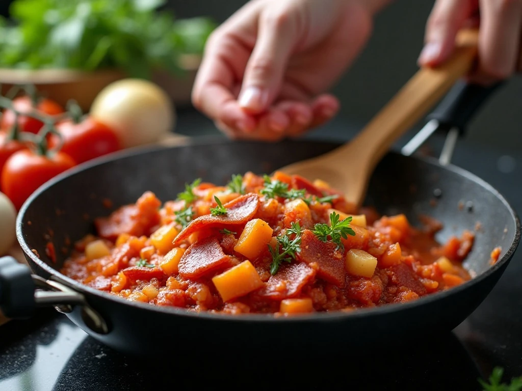 Pancetta and onion cooking for tomato tortellini sauce