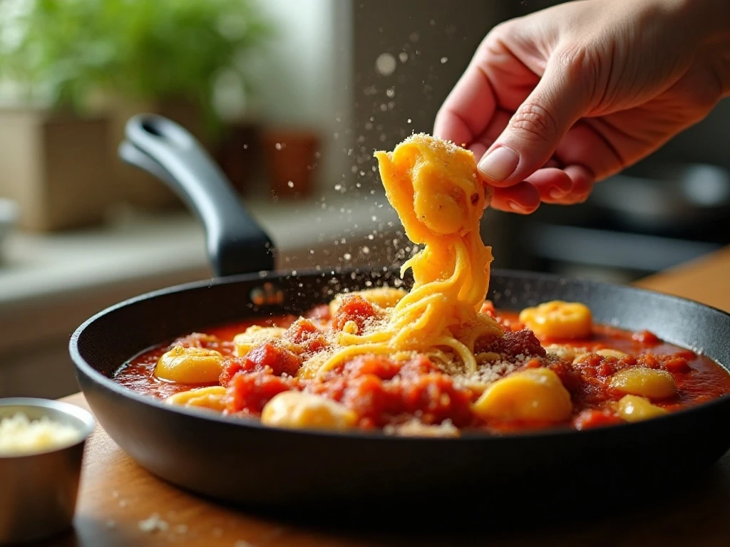 Tortellini tossed with tomato pancetta sauce in a skillet