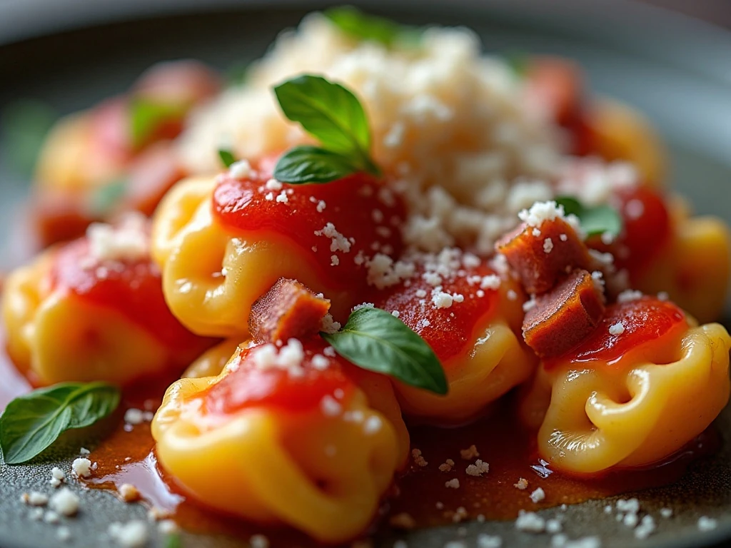 Close-up of Parmesan and herbs on tomato pancetta tortellini
