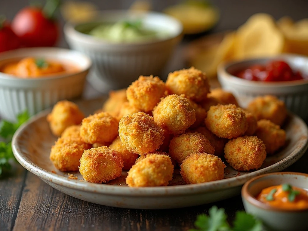 Crispy tortilla chip-crusted chicken bites served with assorted dipping sauces