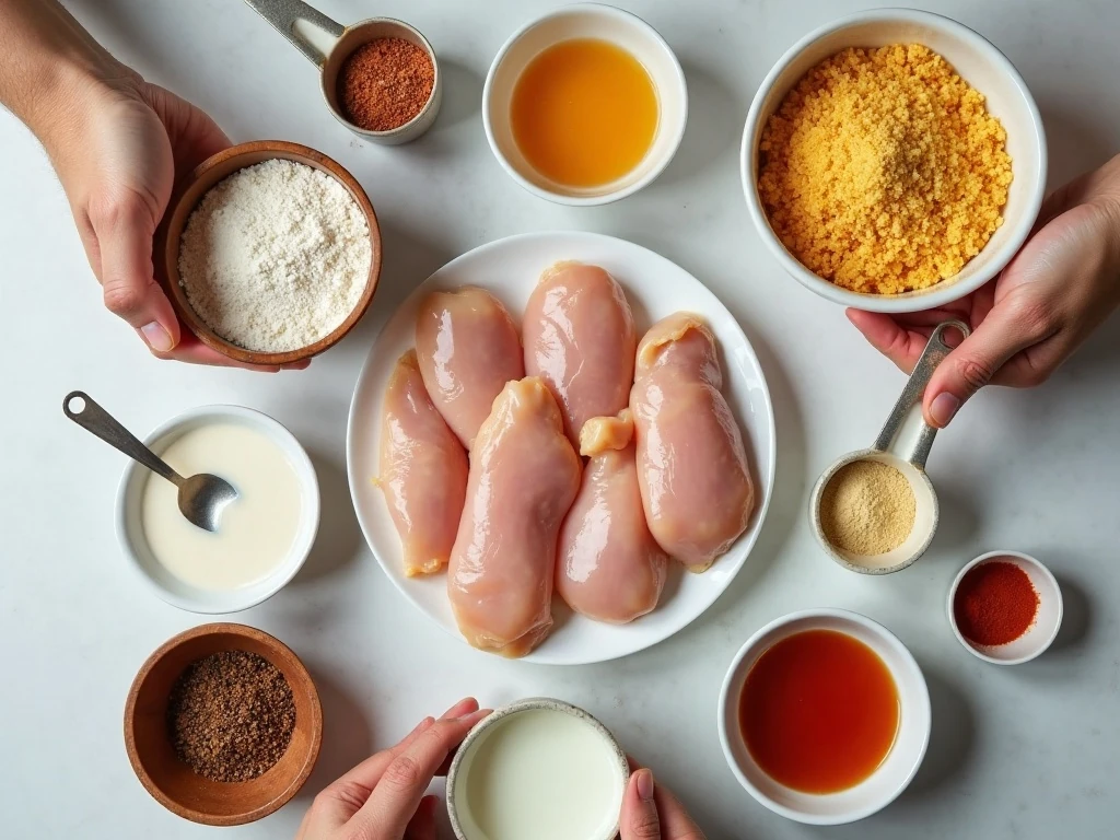 Ingredients for tortilla chip-crusted chicken bites
