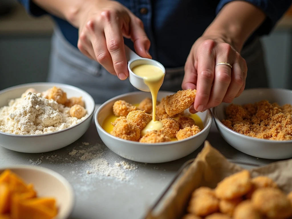 Chicken bites being coated in tortilla chip crumbs