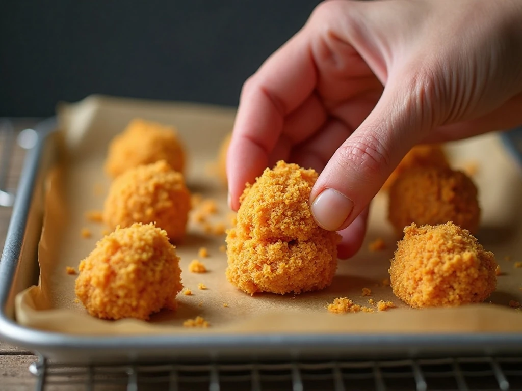Coarse tortilla chip crumbs pressed onto chicken for a crispy crust
