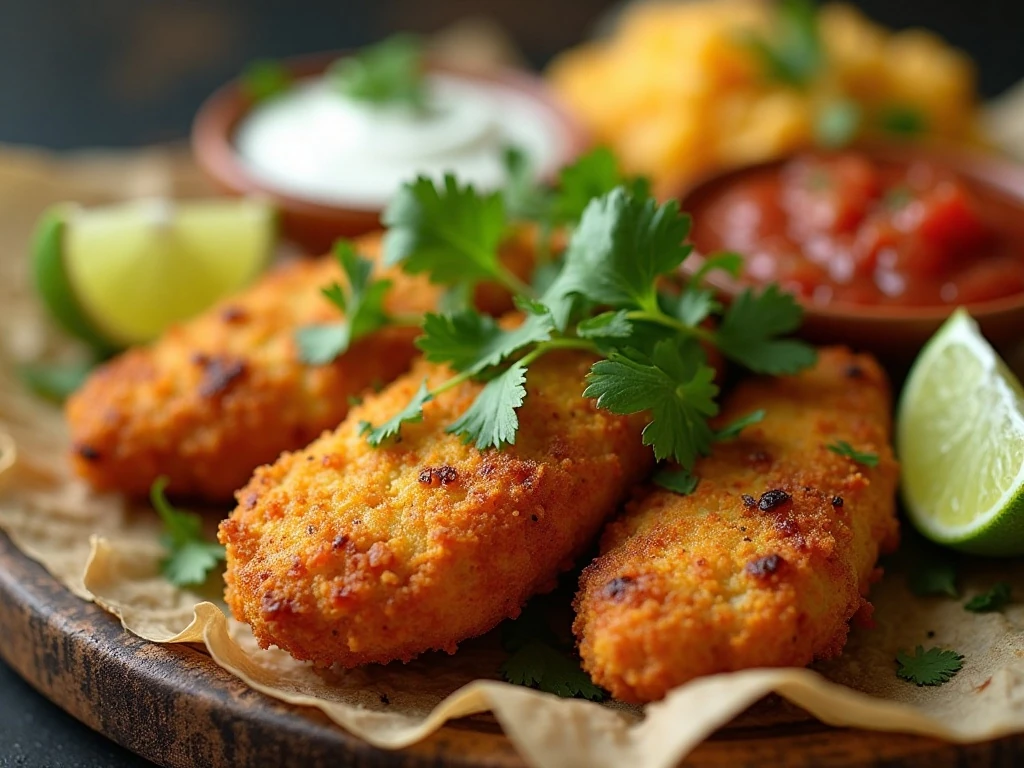 Chicken bites with lime, cilantro, and dipping sauces