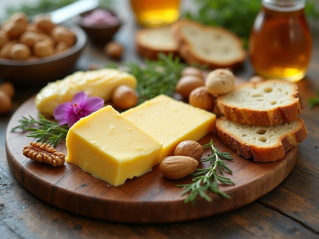 A colorful homemade butter board served with crusty bread