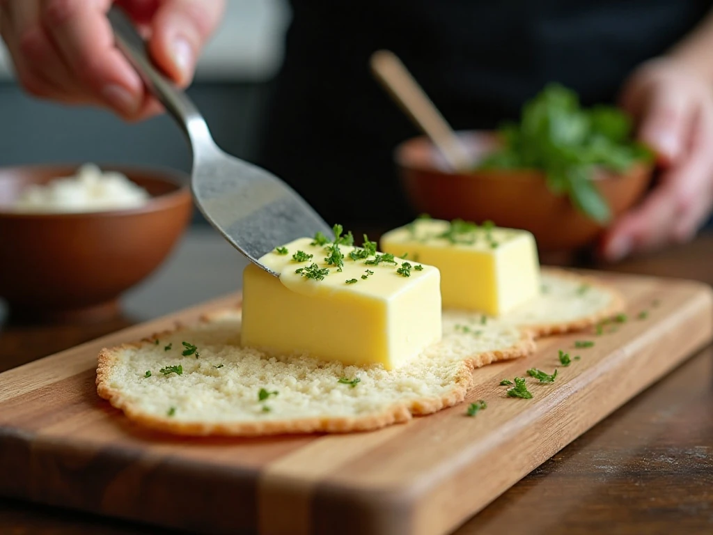 Spreading softened butter onto a serving board