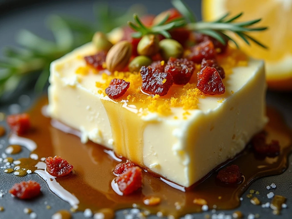 Close-up of herbs, nuts, honey, and fruit on butter