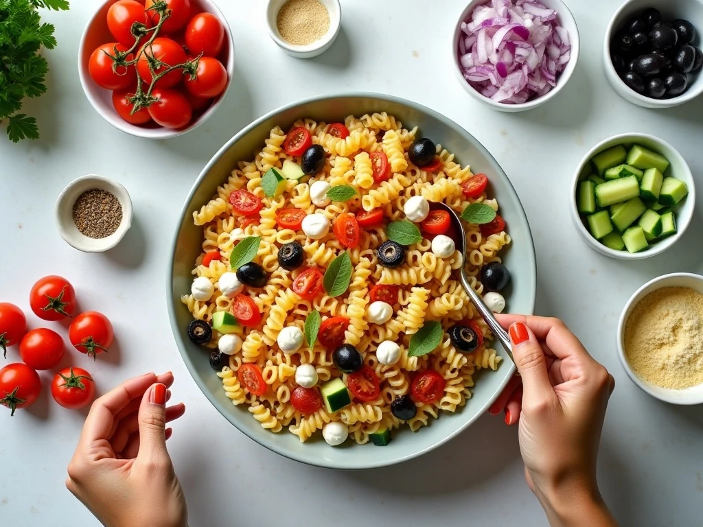 Ingredients for tri-color pasta salad arranged for cooking