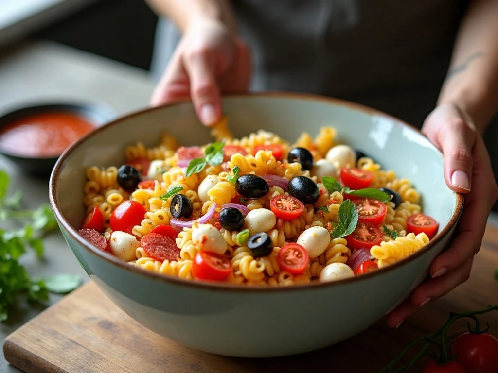 Tossing tri-color rotini with vegetables and Italian dressing