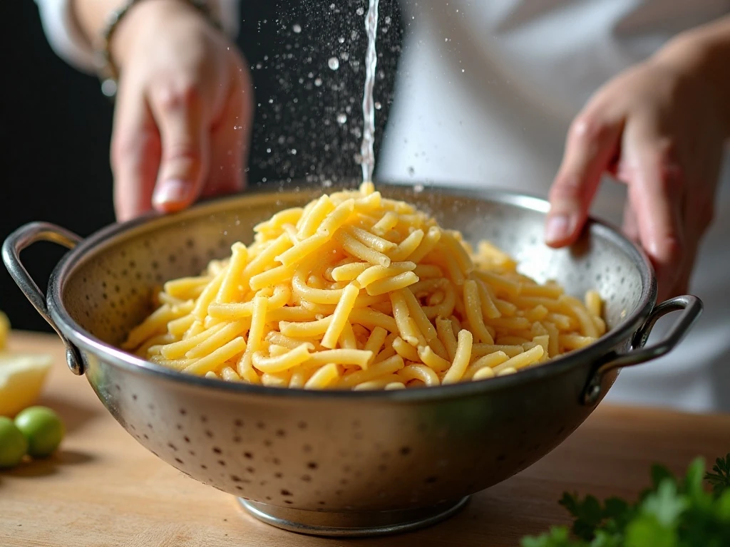 Cooling and draining al dente tri-color rotini for pasta salad