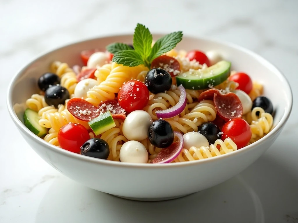 Finished tri-color pasta salad with vegetables, mozzarella, olives, and pepperoni