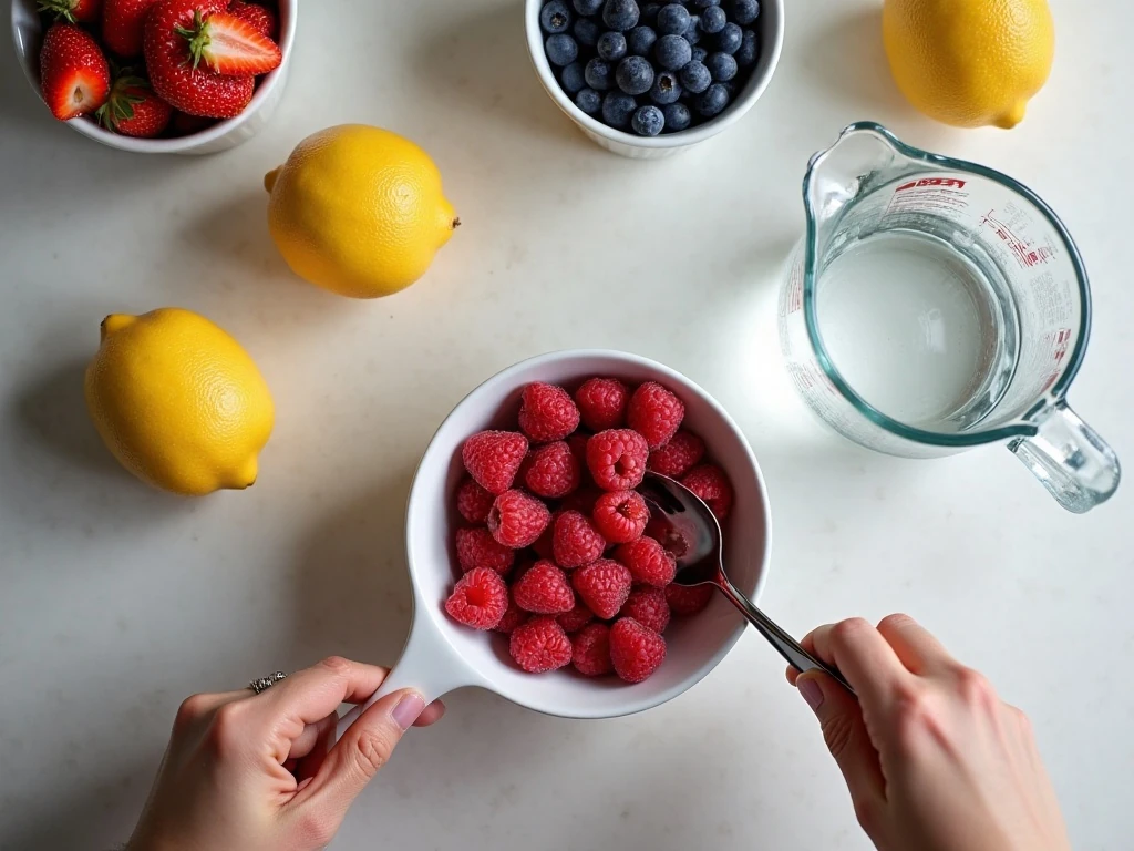 Ingredients for homemade triple berry lemonade arranged on a kitchen counter