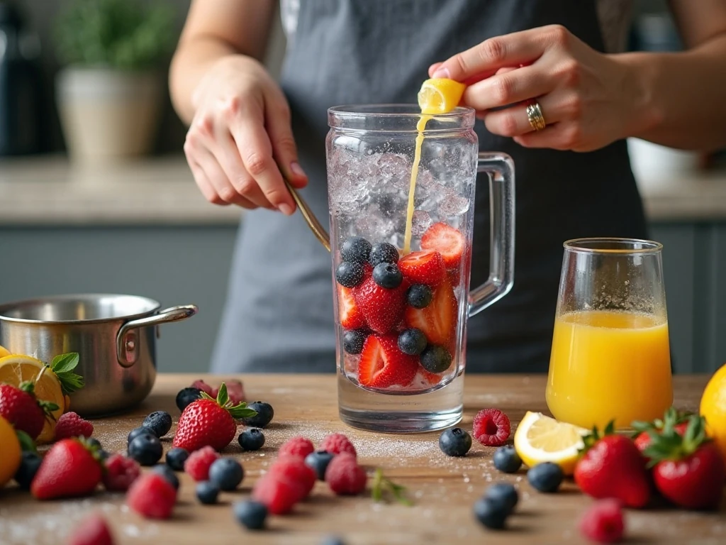 Blending berries and preparing simple syrup for triple berry lemonade