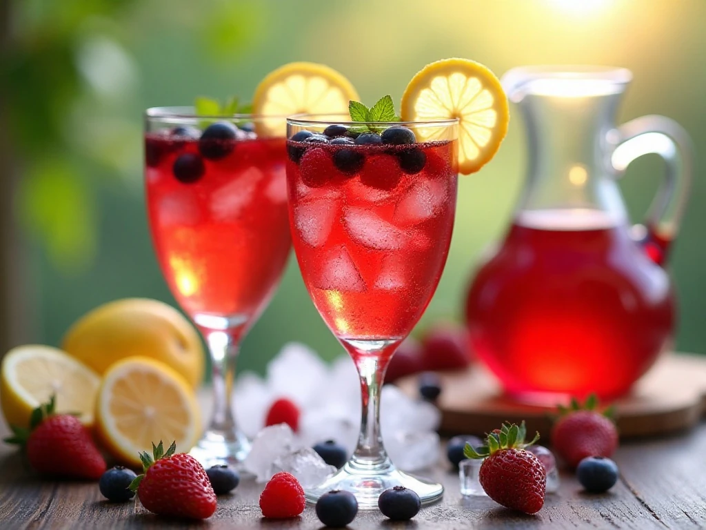 Triple berry lemonade served over ice with lemon and fresh berry garnishes