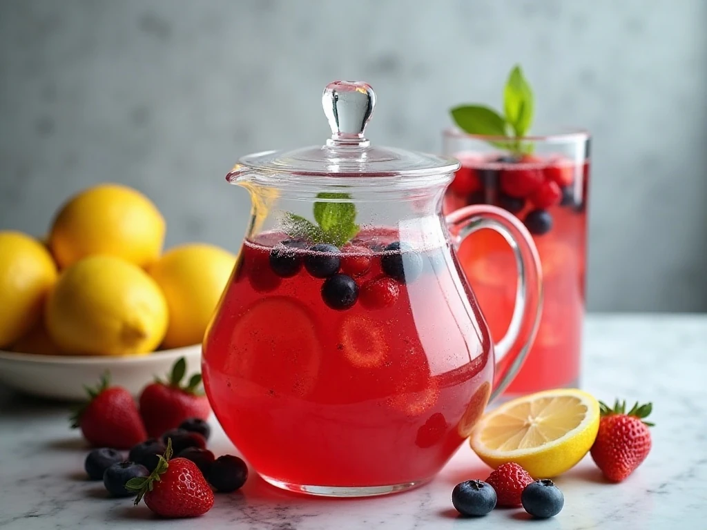Chilled triple berry lemonade stored in a covered pitcher