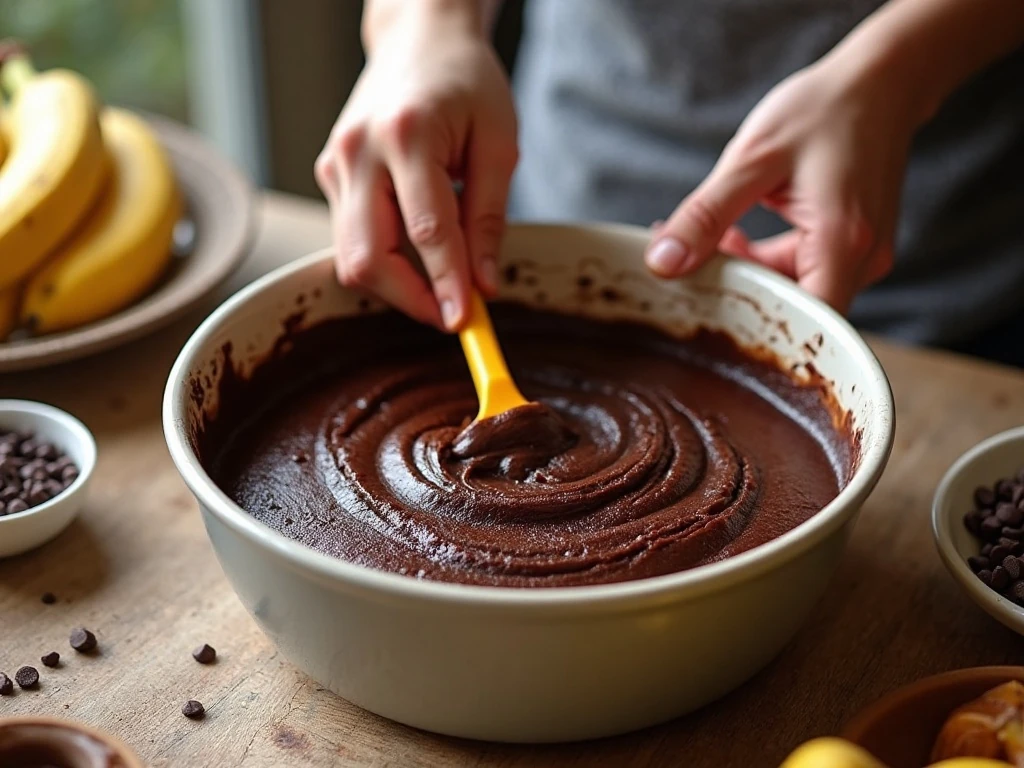 Mixing chocolate banana bread batter before baking