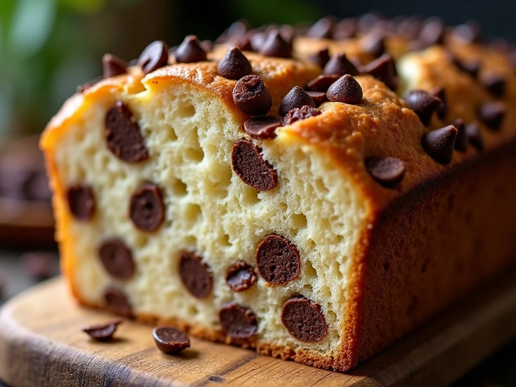 Chocolate chip topping and moist crumb of banana bread