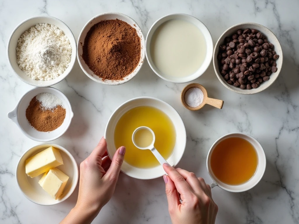 Ingredients for triple chocolate cupcakes arranged on a counter