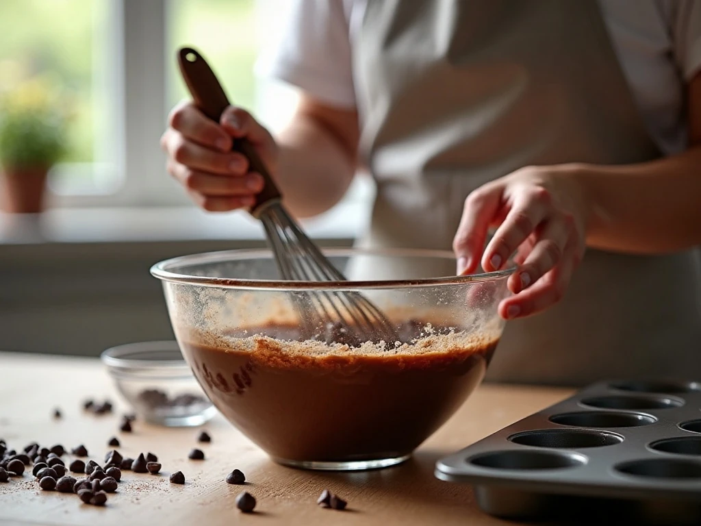 Preparing chocolate cupcake batter with chocolate chips