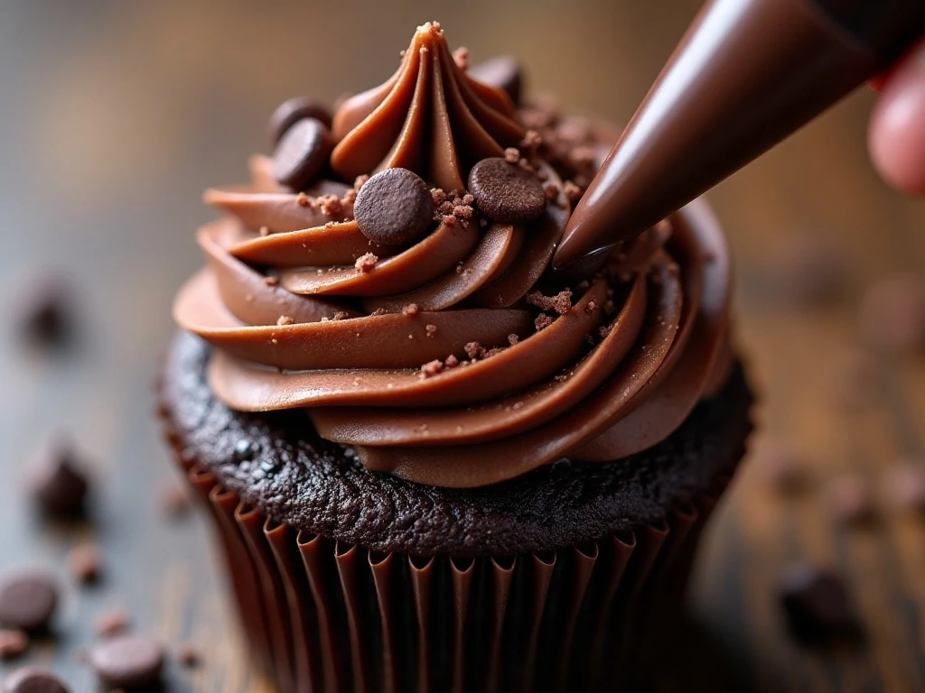 Chocolate shavings and chips decorating a frosted cupcake