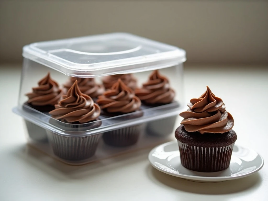 Stored frosted chocolate cupcakes in a covered container