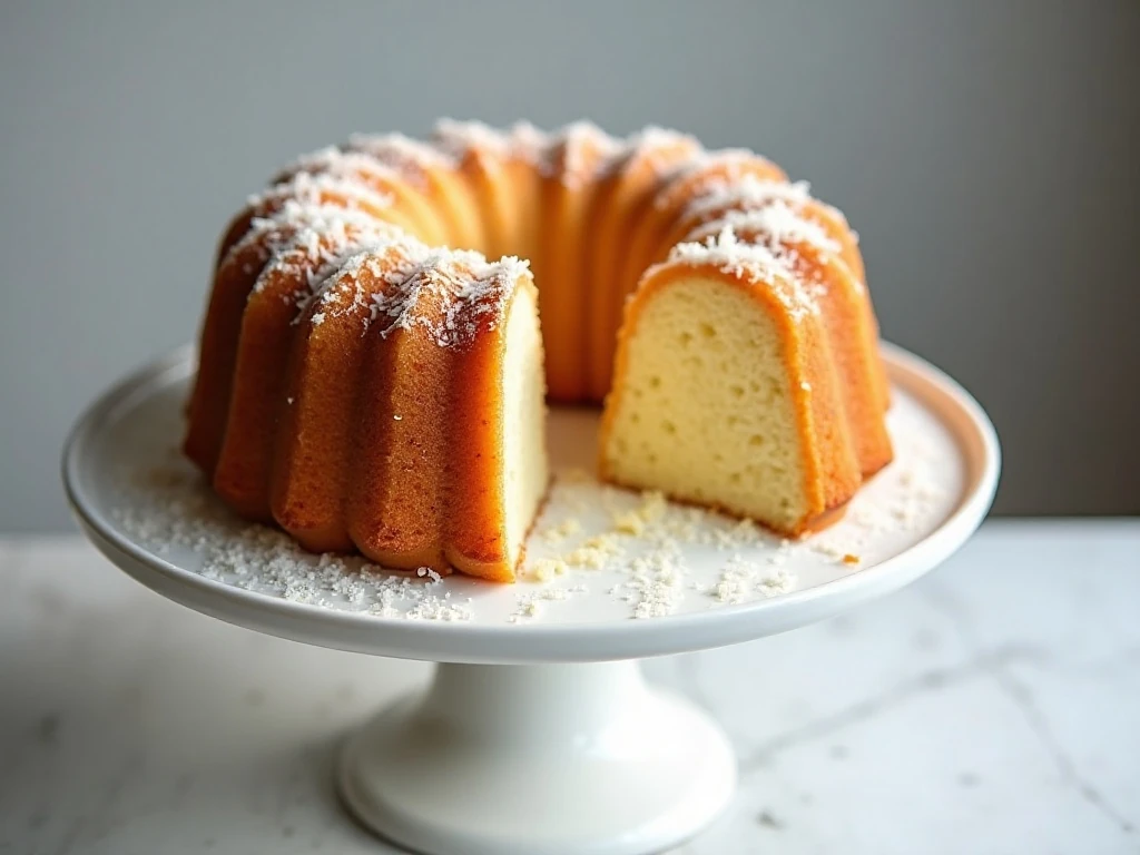 Golden triple coconut pound cake with a moist crumb and coconut glaze