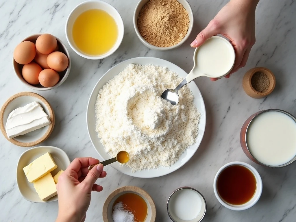 Ingredients for triple coconut pound cake arranged on a kitchen counter