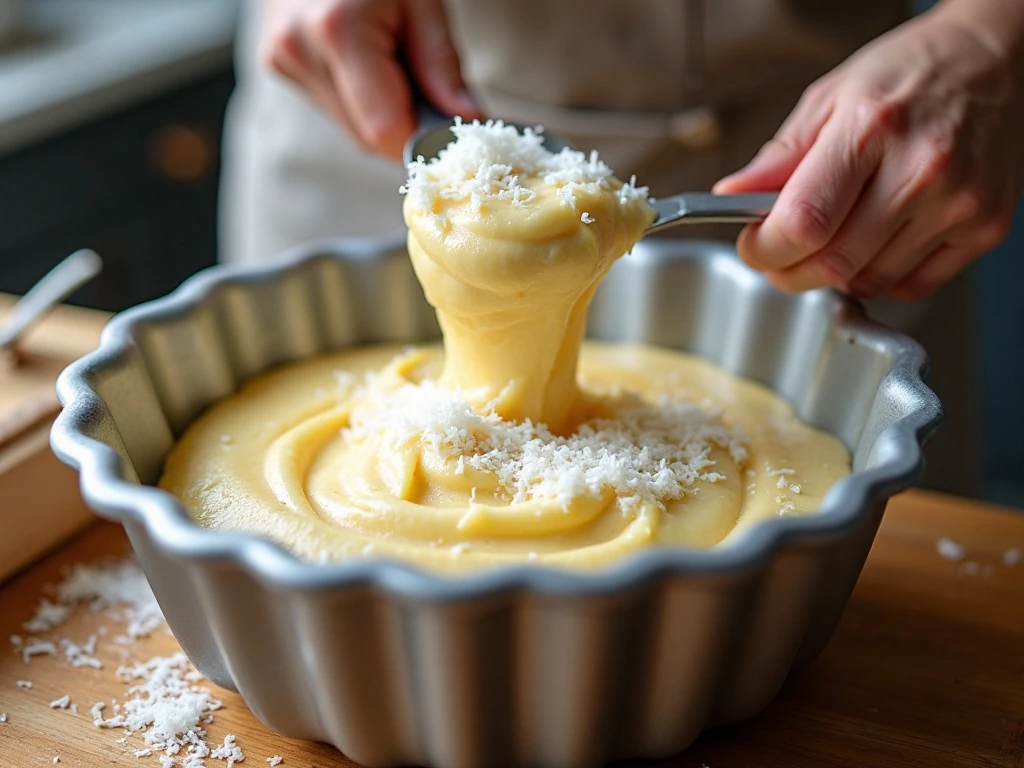 Shredded coconut being folded into pound cake batter