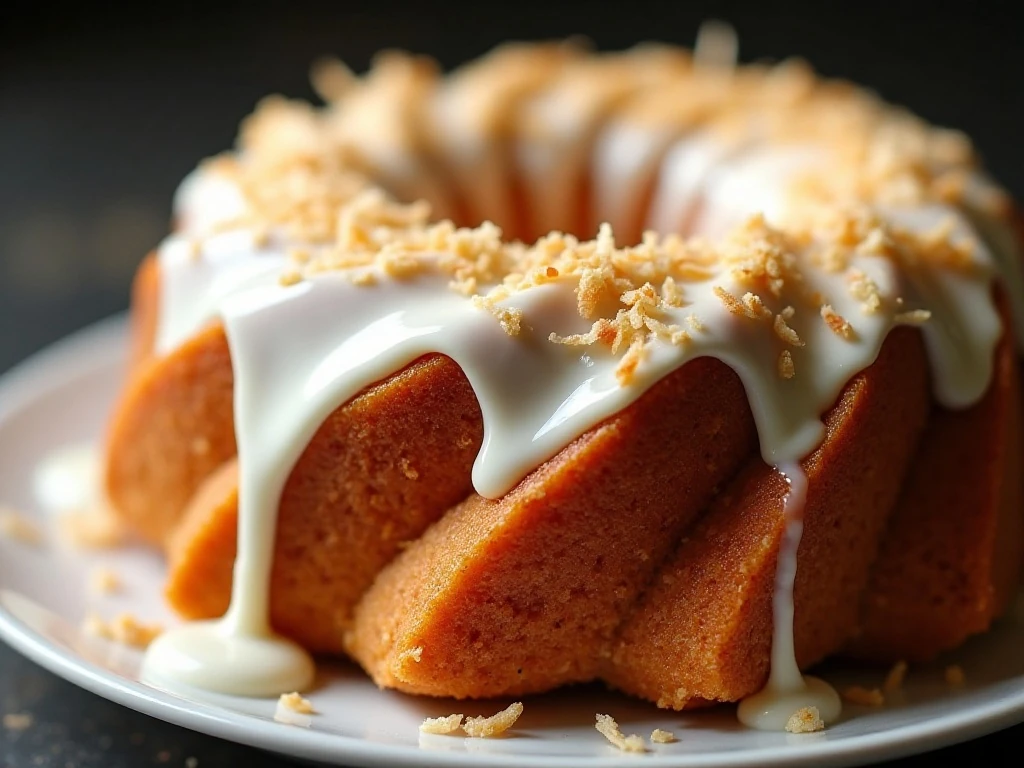 Coconut glaze and toasted shredded coconut topping a Bundt cake