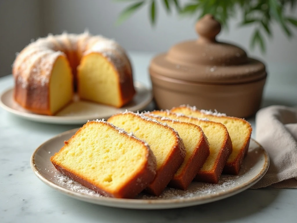 Stored and sliced triple coconut pound cake ready to serve