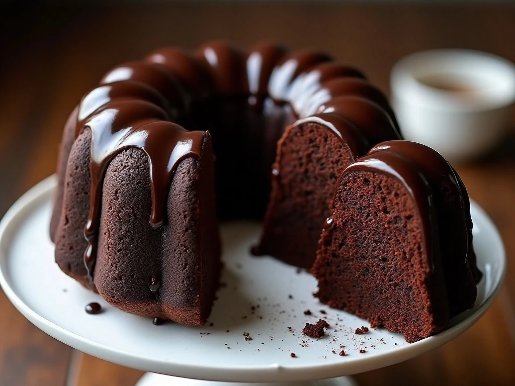 Decadent triple dark chocolate Bundt cake with glossy ganache