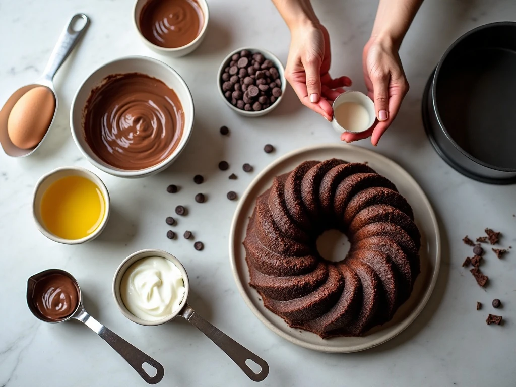 Ingredients for triple dark chocolate Bundt cake