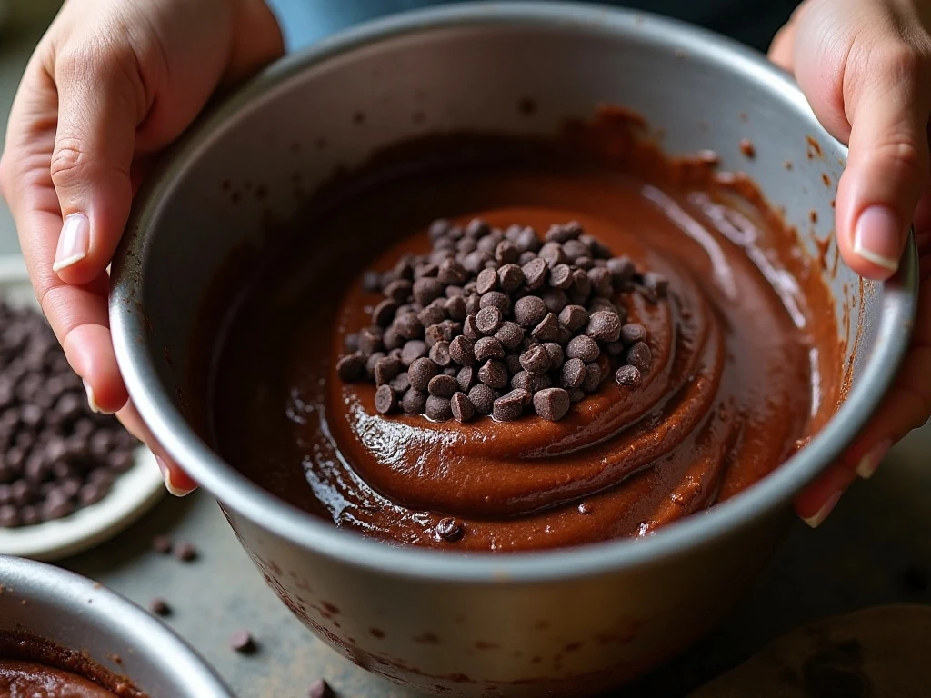 Chocolate Bundt cake batter with dark chocolate chips