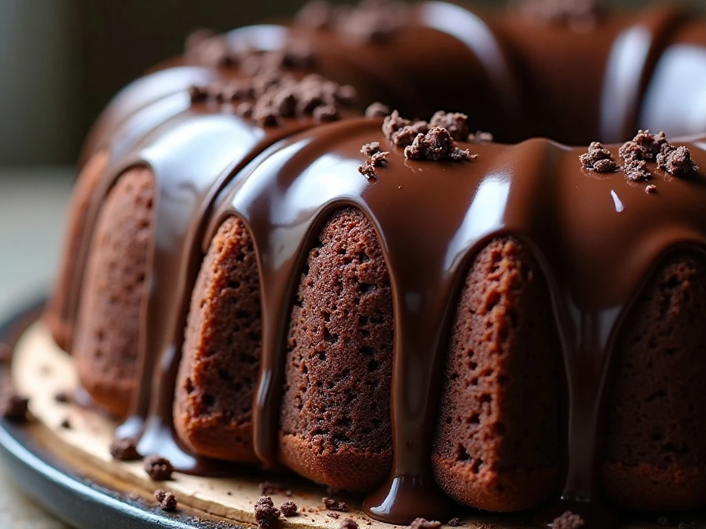 Dark chocolate ganache coating Bundt cake ridges