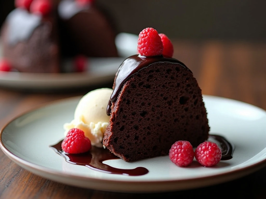 Chocolate Bundt cake slice served with ice cream and berries